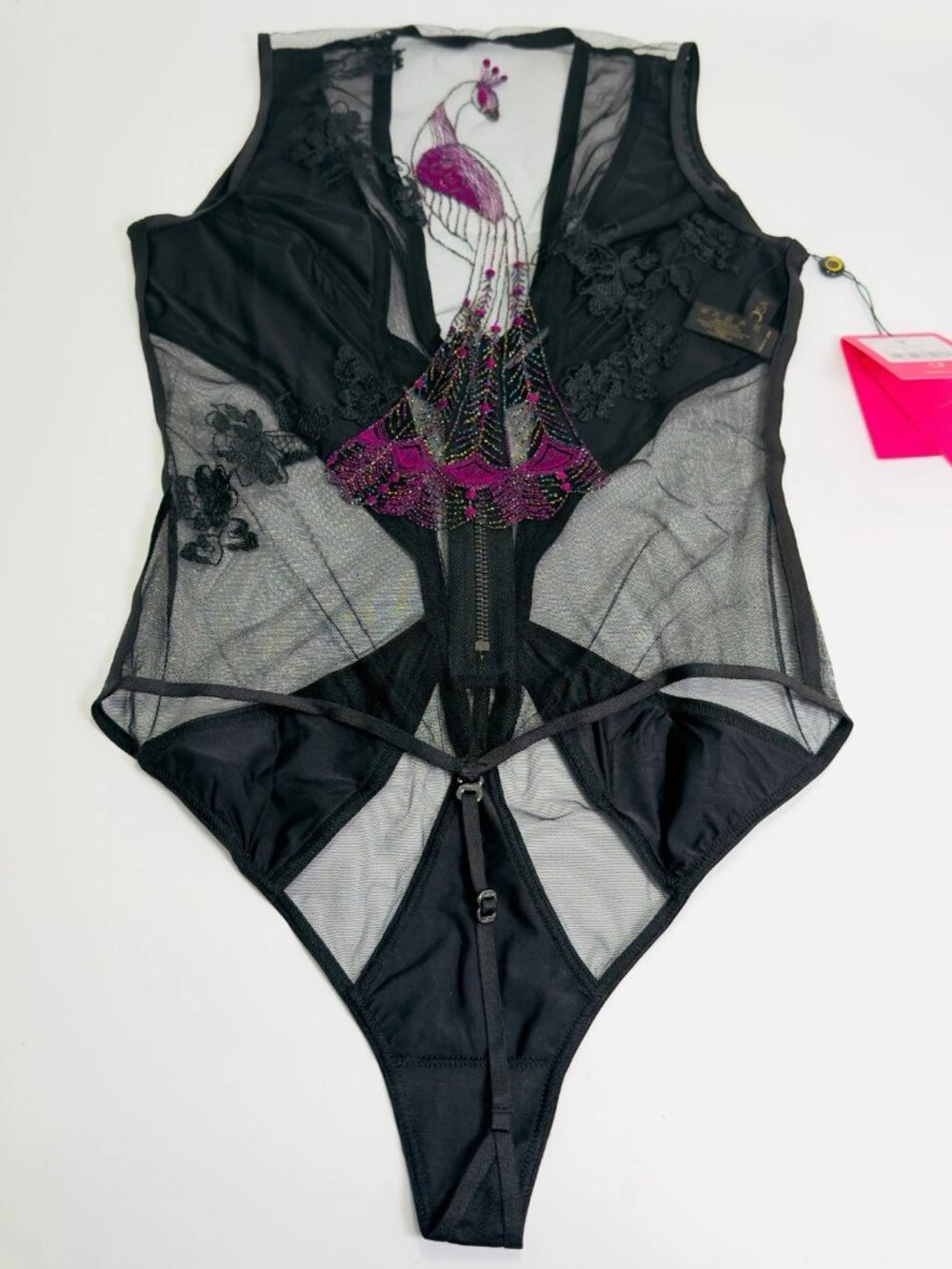 Shikkosa Peacock Bodysuit Black Small Sheer Mesh Cutout Teddy Lingerie NWT - Picture 6 of 10